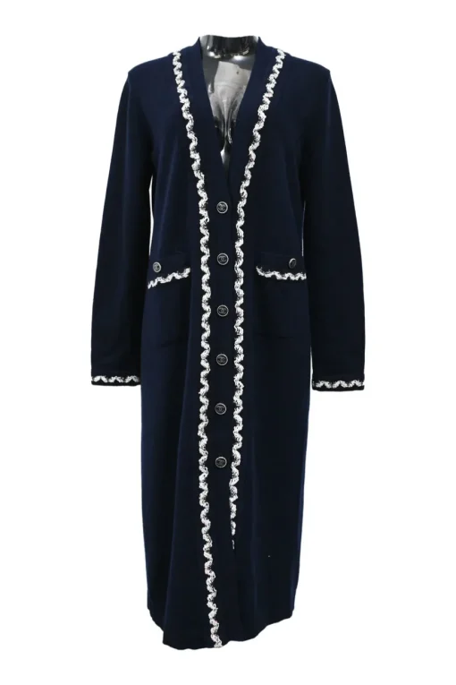 Navy blue cashmere V-neck cardigan with contrasting braid-embellished trimming
