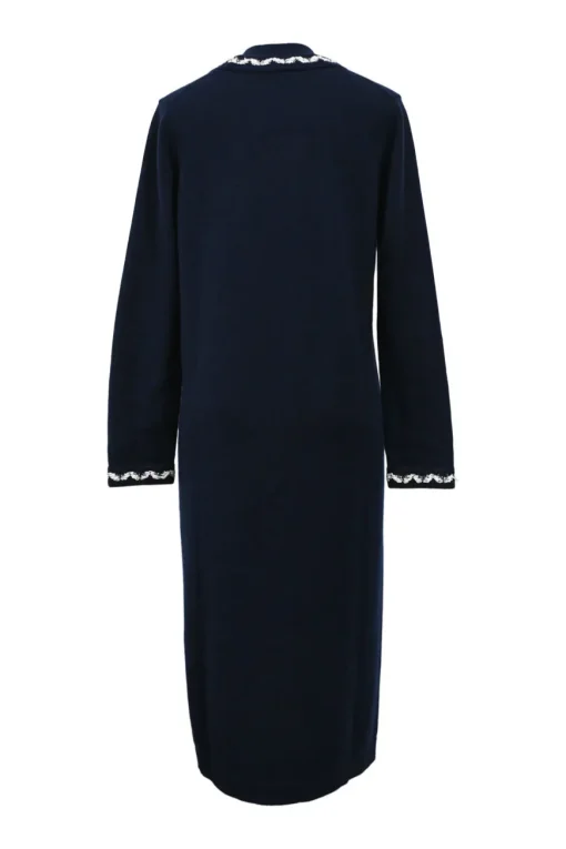 Navy blue cashmere V-neck cardigan with contrasting braid-embellished trimming