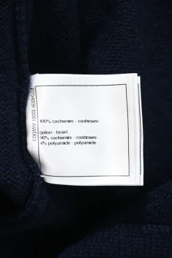 Navy blue cashmere V-neck cardigan with contrasting braid-embellished trimming