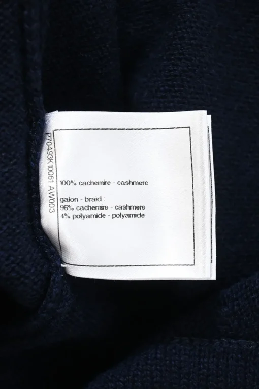 Navy blue cashmere V-neck cardigan with contrasting braid-embellished trimming