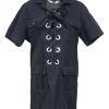 Navy blue cotton canvas peak collar lace-up short-sleeve utility dress