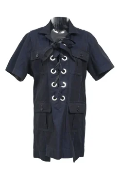 Navy blue cotton canvas peak collar lace-up short-sleeve utility dress