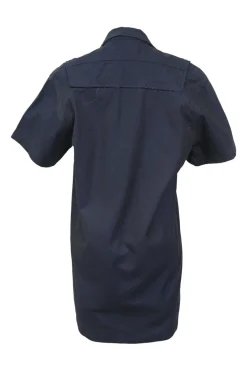 Navy blue cotton canvas peak collar lace-up short-sleeve utility dress