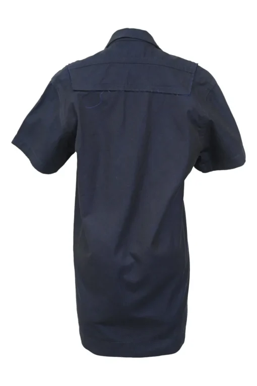 Navy blue cotton canvas peak collar lace-up short-sleeve utility dress