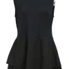 Navy blue cotton jersey mixed-media sleeveless peplum top with tiered black linen hem