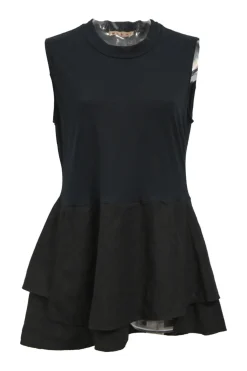Navy blue cotton jersey mixed-media sleeveless peplum top with tiered black linen hem