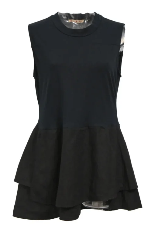 Navy blue cotton jersey mixed-media sleeveless peplum top with tiered black linen hem