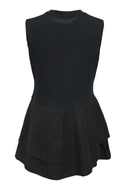 Navy blue cotton jersey mixed-media sleeveless peplum top with tiered black linen hem