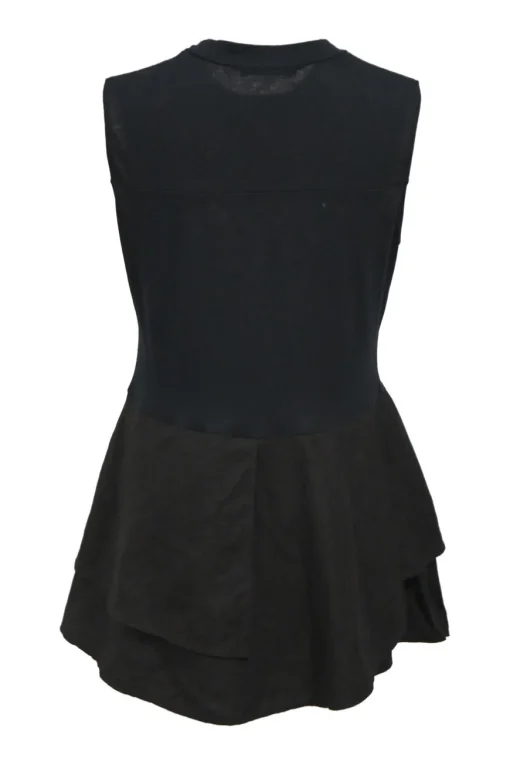 Navy blue cotton jersey mixed-media sleeveless peplum top with tiered black linen hem