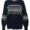 Navy blue merino wool knit crewneck Fair Isle pullover sweater