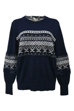 Navy blue merino wool knit crewneck Fair Isle pullover sweater