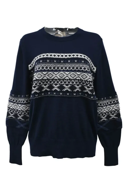 Navy blue merino wool knit crewneck Fair Isle pullover sweater