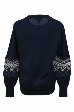 Navy blue merino wool knit crewneck Fair Isle pullover sweater