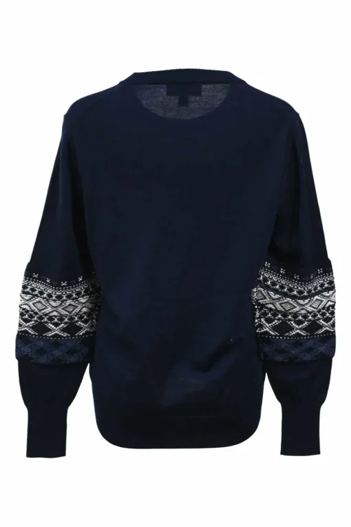 Navy blue merino wool knit crewneck Fair Isle pullover sweater