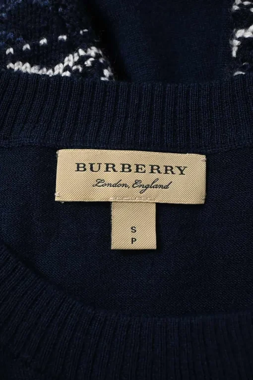 Navy blue merino wool knit crewneck Fair Isle pullover sweater