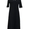 Navy blue merino wool Milano stitch A-line polo midi dress with contrast tipping and bow