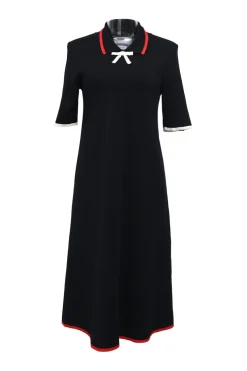 Navy blue merino wool Milano stitch A-line polo midi dress with contrast tipping and bow
