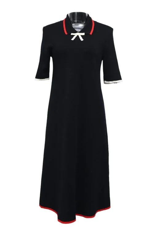 Navy blue merino wool Milano stitch A-line polo midi dress with contrast tipping and bow