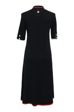 Navy blue merino wool Milano stitch A-line polo midi dress with contrast tipping and bow