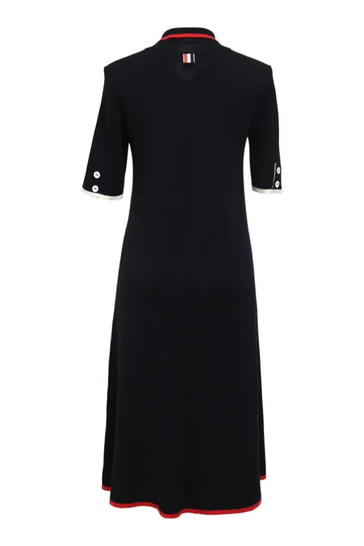Navy blue merino wool Milano stitch A-line polo midi dress with contrast tipping and bow