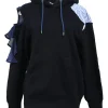 Navy blue mixed-media cotton French terry ruffle-trimmed cutout hoodie with striped shirting panel
