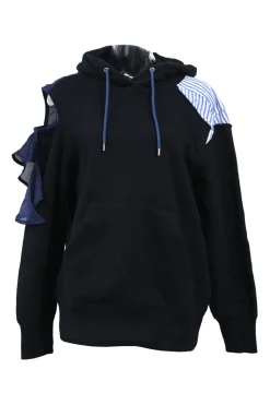 Navy blue mixed-media cotton French terry ruffle-trimmed cutout hoodie with striped shirting panel