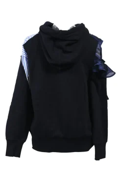 Navy blue mixed-media cotton French terry ruffle-trimmed cutout hoodie with striped shirting panel