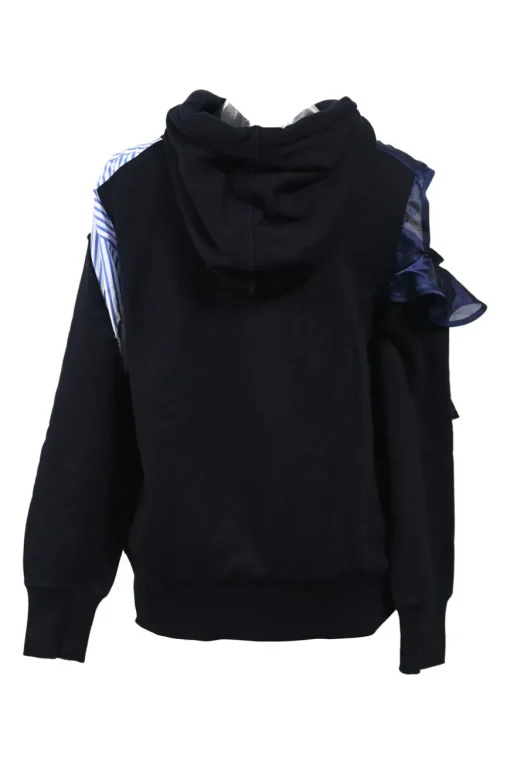 Navy blue mixed-media cotton French terry ruffle-trimmed cutout hoodie with striped shirting panel