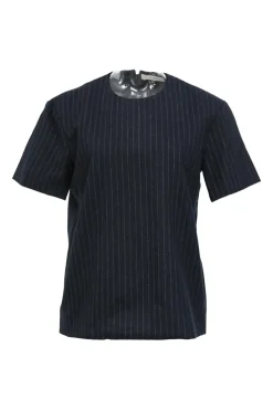 Navy blue pinstripe wool crewneck short sleeve top