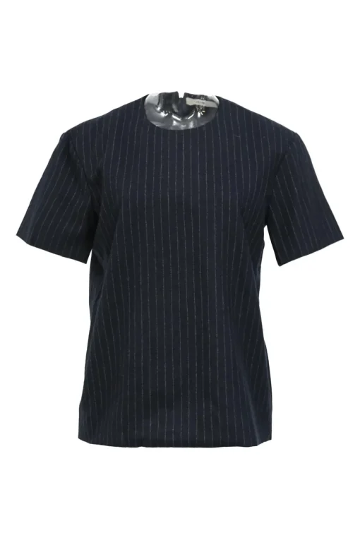 Navy blue pinstripe wool crewneck short sleeve top