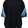 Navy blue striped merino wool jersey knit crewneck short sleeve sweater
