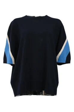 Navy blue striped merino wool jersey knit crewneck short sleeve sweater