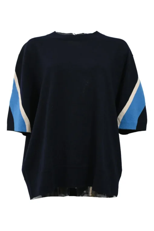 Navy blue striped merino wool jersey knit crewneck short sleeve sweater