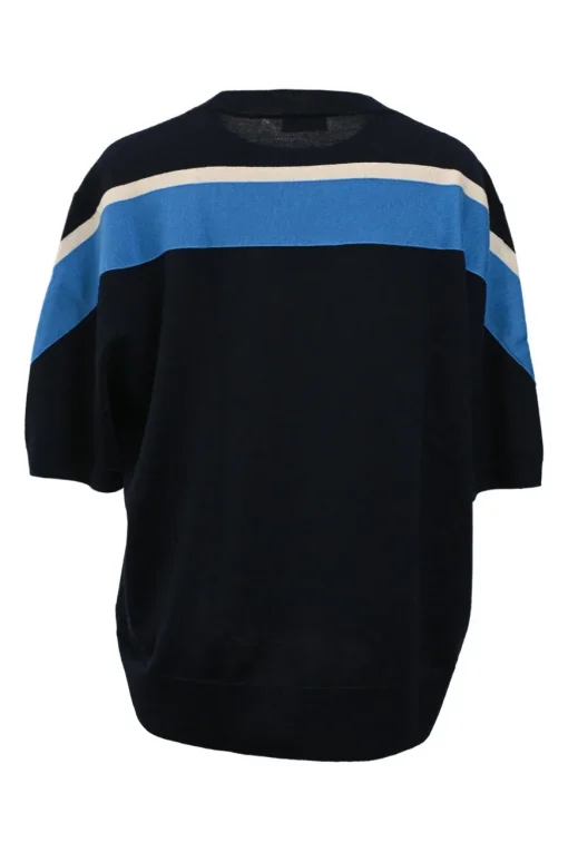 Navy blue striped merino wool jersey knit crewneck short sleeve sweater