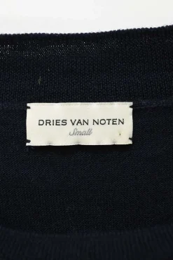 Navy blue striped merino wool jersey knit crewneck short sleeve sweater