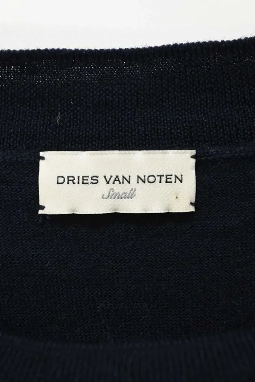 Navy blue striped merino wool jersey knit crewneck short sleeve sweater