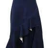 Navy blue wool and mulberry silk high-waist A-line midi skirt with cascading ruffle trim