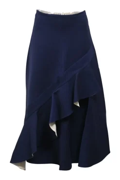 Navy blue wool and mulberry silk high-waist A-line midi skirt with cascading ruffle trim
