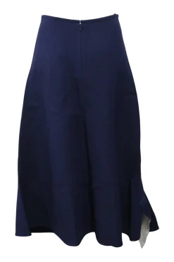Navy blue wool and mulberry silk high-waist A-line midi skirt with cascading ruffle trim