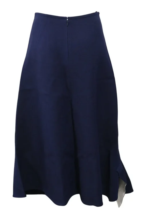 Navy blue wool and mulberry silk high-waist A-line midi skirt with cascading ruffle trim