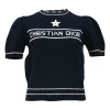 Navy blue wool-cashmere logo intarsia knit crewneck short-sleeve sweater with signature lucky star broderie motif