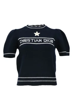 Navy blue wool-cashmere logo intarsia knit crewneck short-sleeve sweater with signature lucky star broderie motif