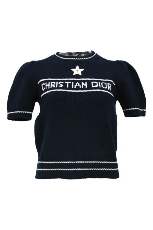 Navy blue wool-cashmere logo intarsia knit crewneck short-sleeve sweater with signature lucky star broderie motif
