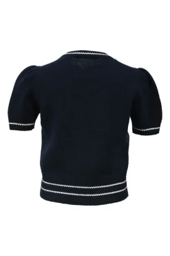 Navy blue wool-cashmere logo intarsia knit crewneck short-sleeve sweater with signature lucky star broderie motif