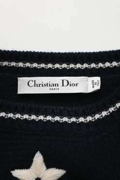 Navy blue wool-cashmere logo intarsia knit crewneck short-sleeve sweater with signature lucky star broderie motif
