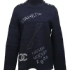 Navy blue wool-cashmere-silk knit high-neck CC logo pullover sweater with button detailing