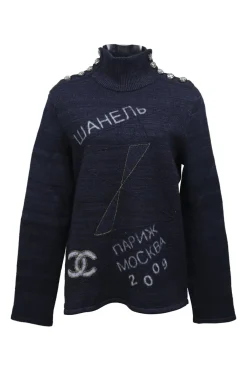 Navy blue wool-cashmere-silk knit high-neck CC logo pullover sweater with button detailing