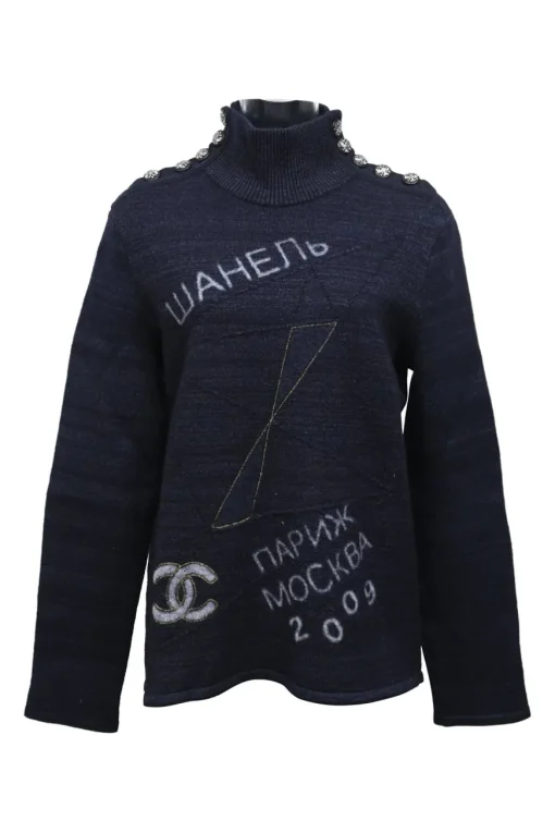 Navy blue wool-cashmere-silk knit high-neck CC logo pullover sweater with button detailing