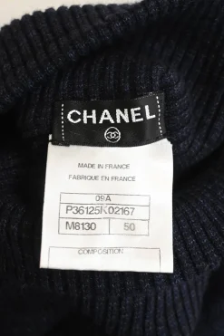Navy blue wool-cashmere-silk knit high-neck CC logo pullover sweater with button detailing