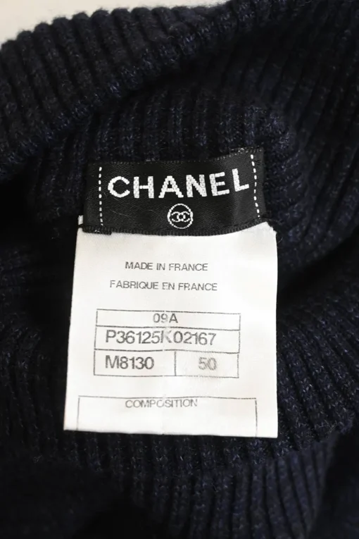Navy blue wool-cashmere-silk knit high-neck CC logo pullover sweater with button detailing